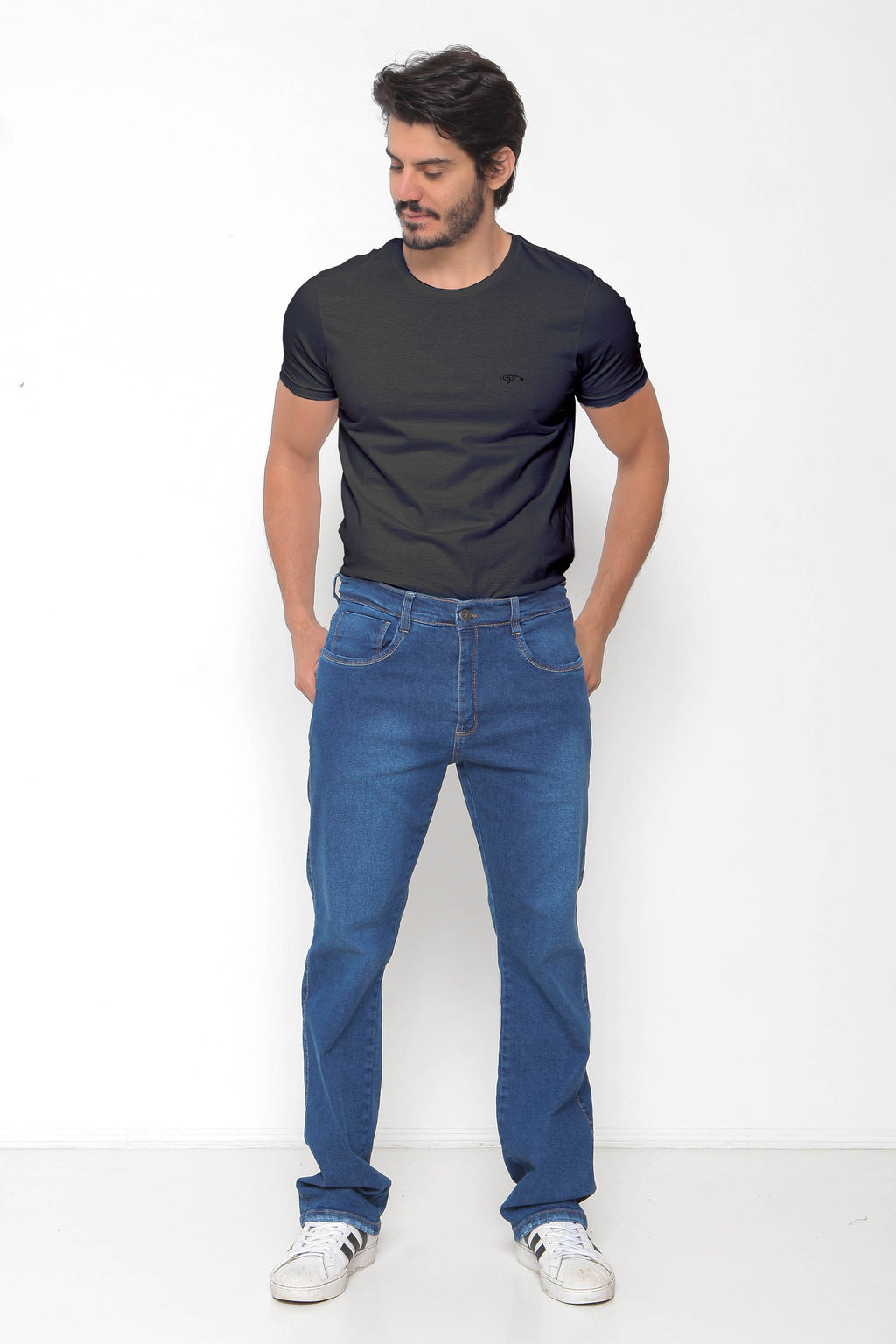 Calça Masculina Jeans Reta Escura com Used
