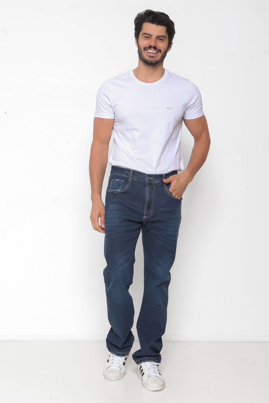 Calça Masculina Jeans Reta Escura com Elastano