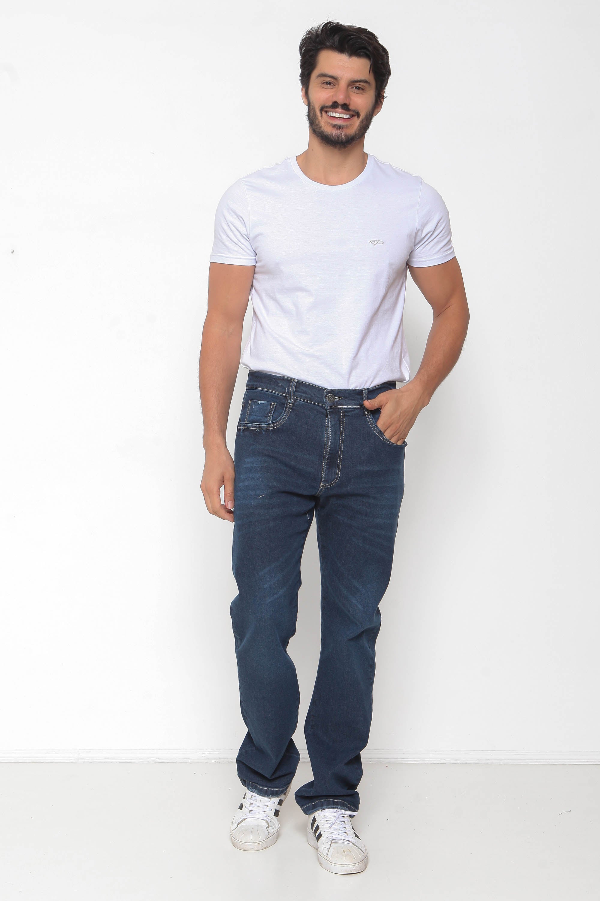 Calça Masculina Jeans Reta Escura com Elastano