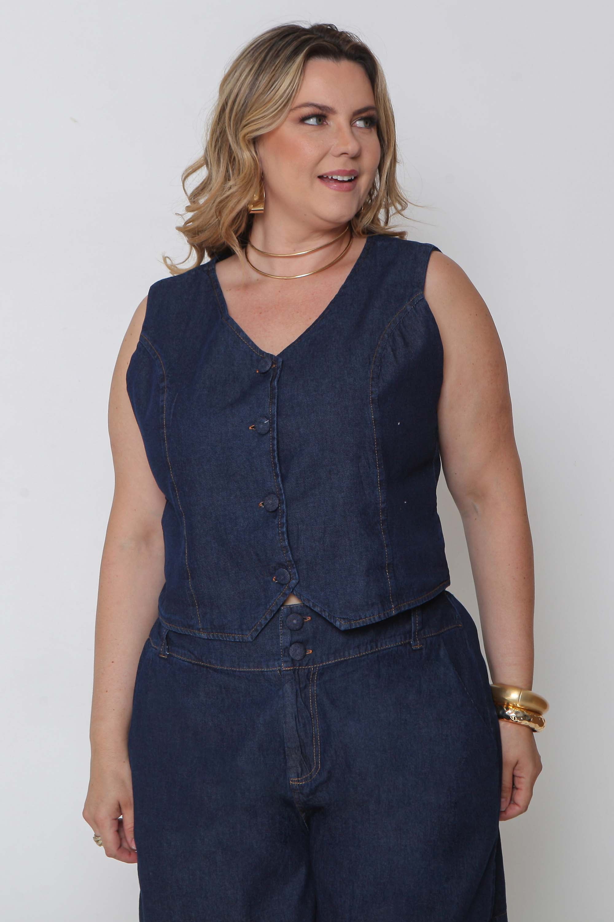 Colete Jeans Leve Feminino Abertura Botões