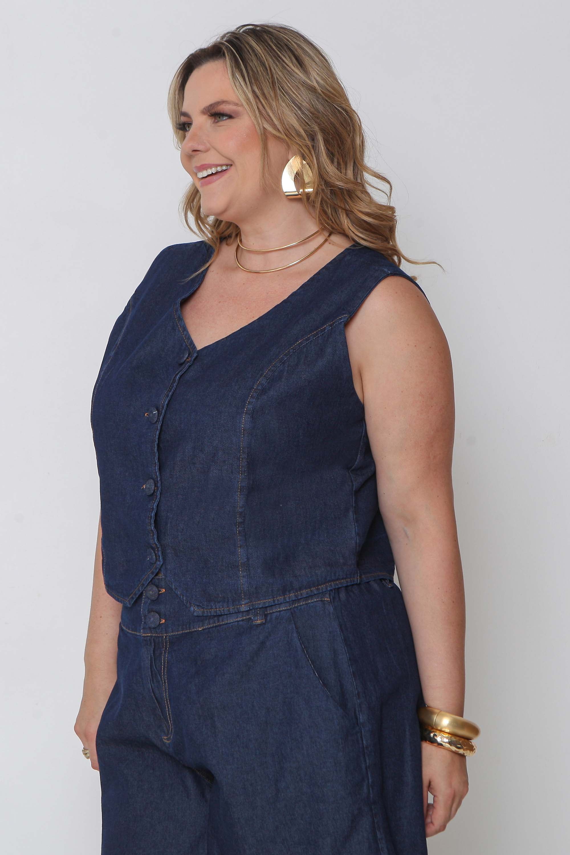 Colete Jeans Leve Feminino Abertura Botões