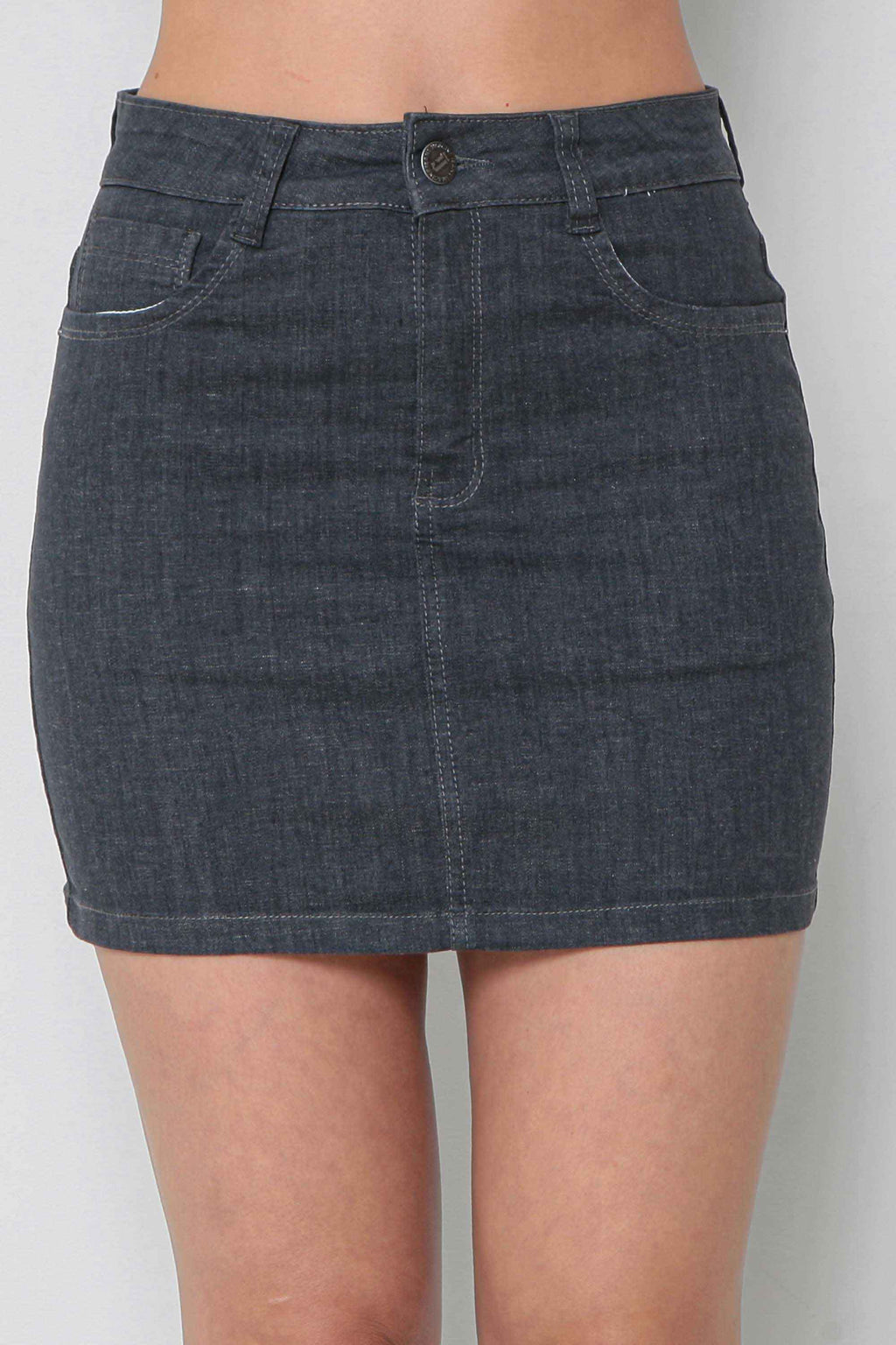 Conjunto Top com Mini Saia Feminino Jeans Cinza com Elastano