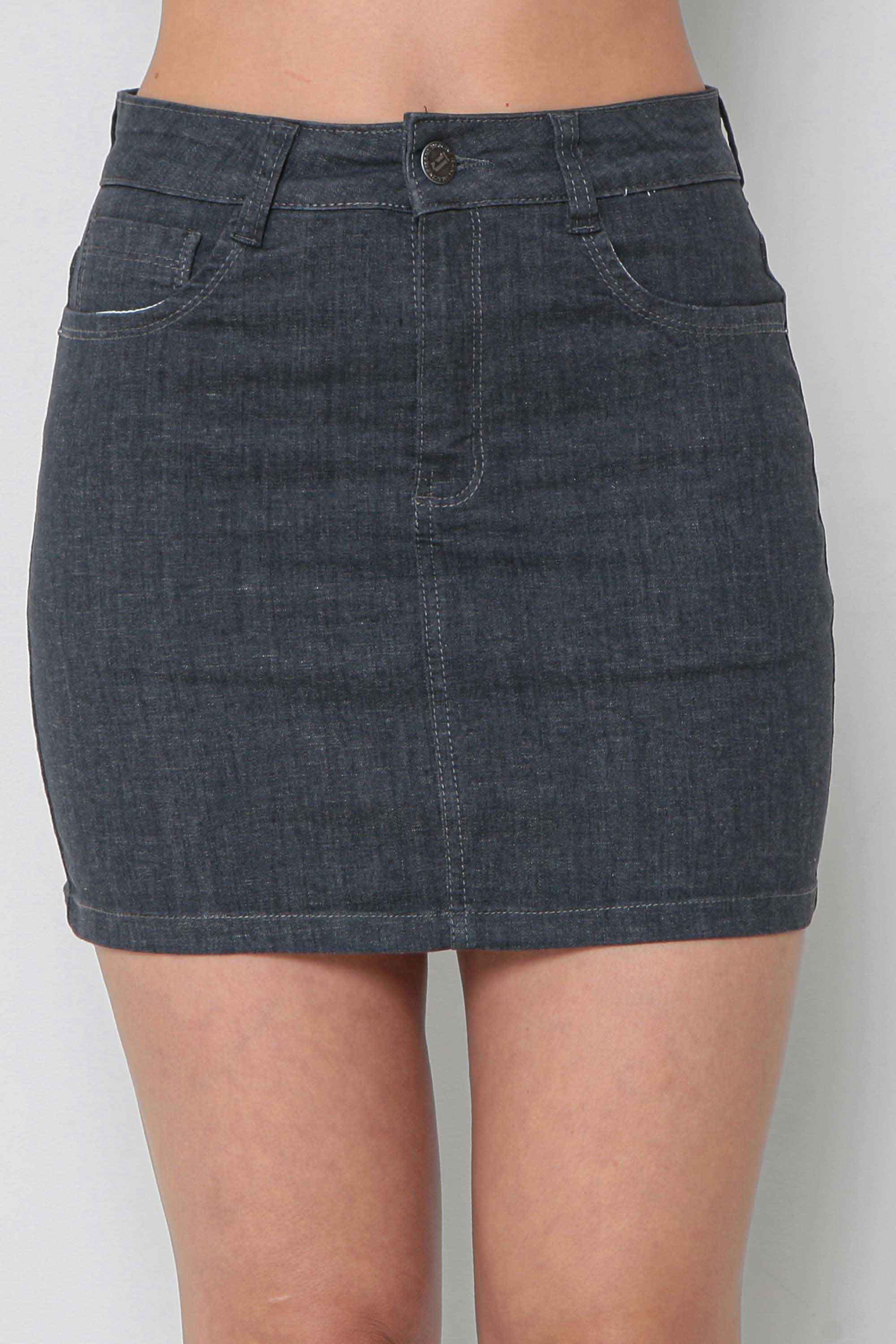 Conjunto Top com Mini Saia Feminino Jeans Cinza com Elastano