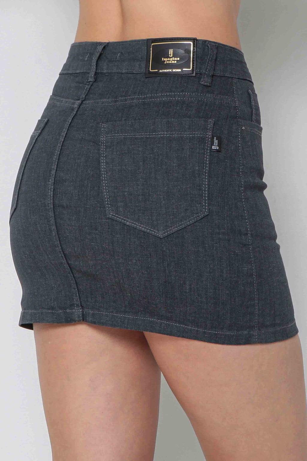 Conjunto Top com Mini Saia Feminino Jeans Cinza com Elastano