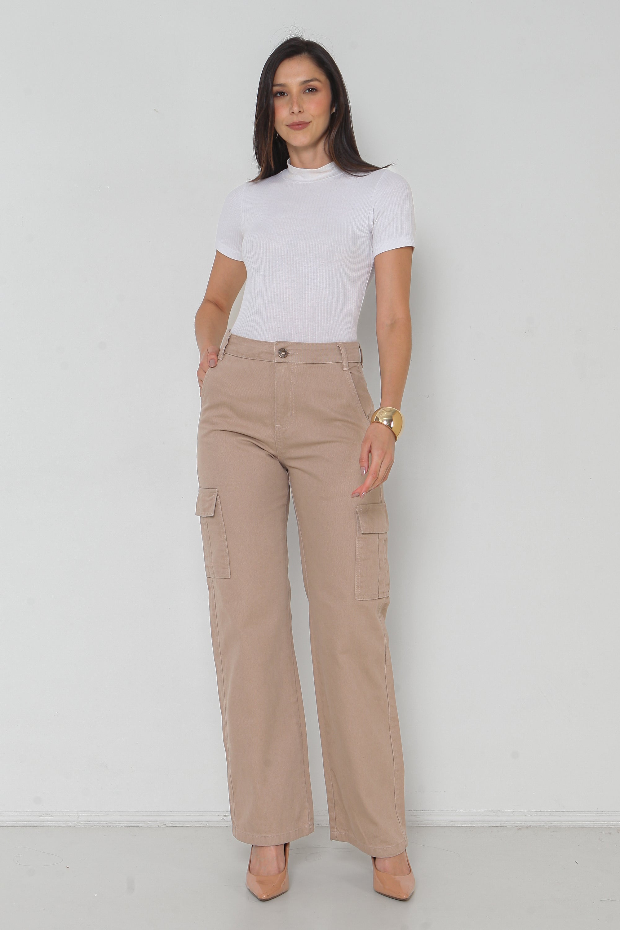 Calça Sarja Feminina Wide Leg Cargo Colorida