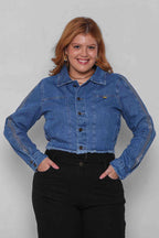 Jaqueta Feminina Jeans Cropped com Detalhe Manga