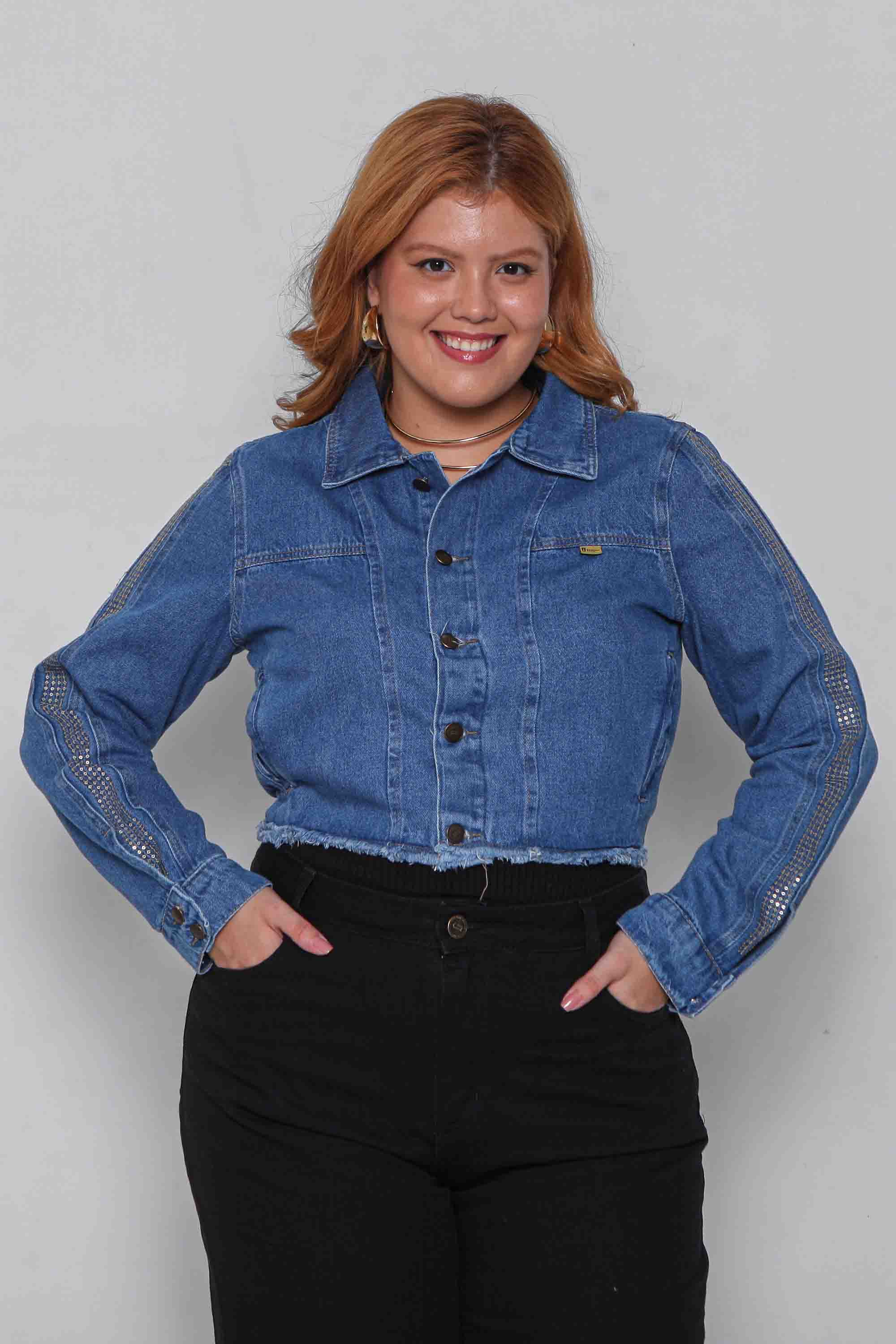 Jaqueta Feminina Jeans Cropped com Detalhe Manga