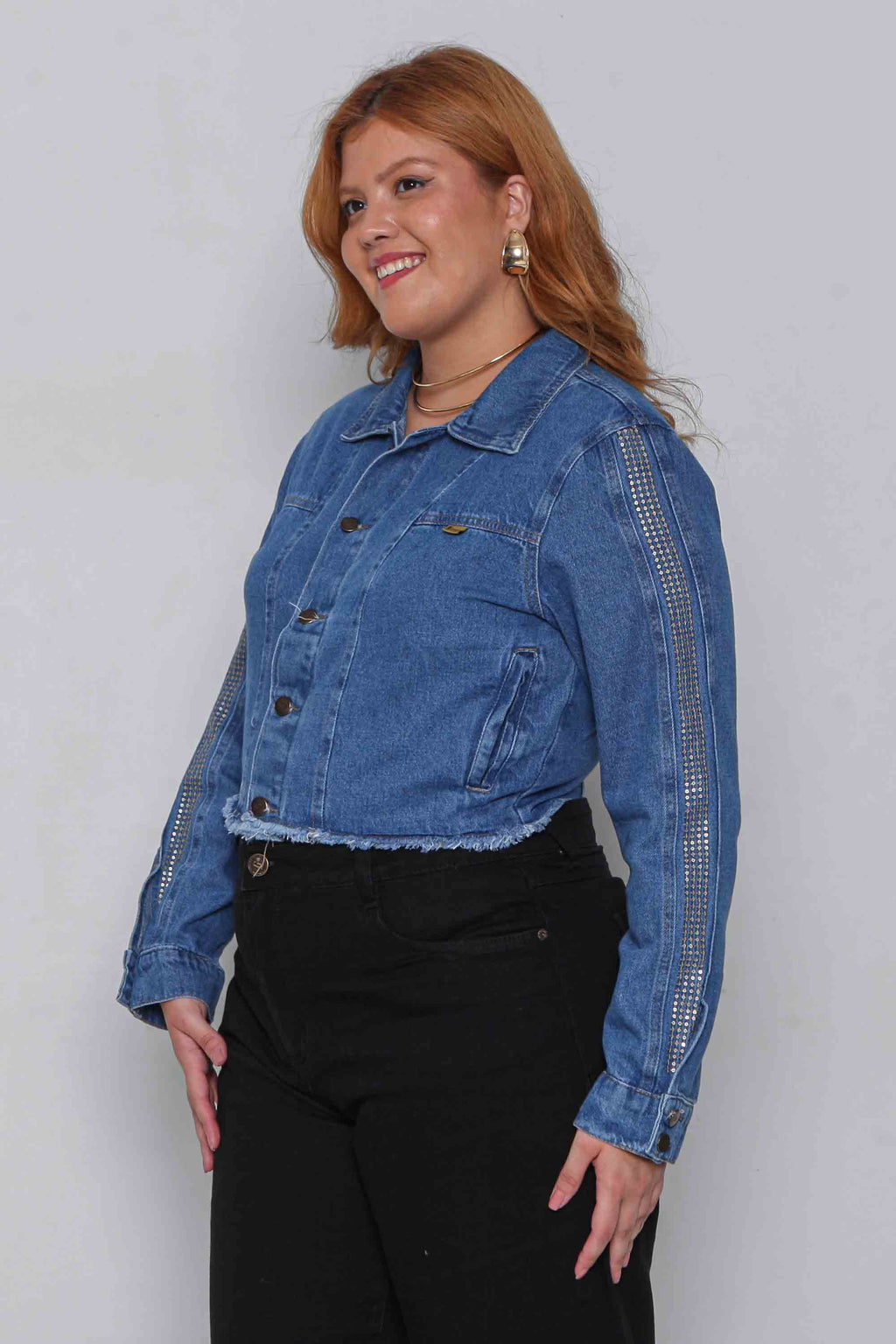 Jaqueta Feminina Jeans Cropped com Detalhe Manga