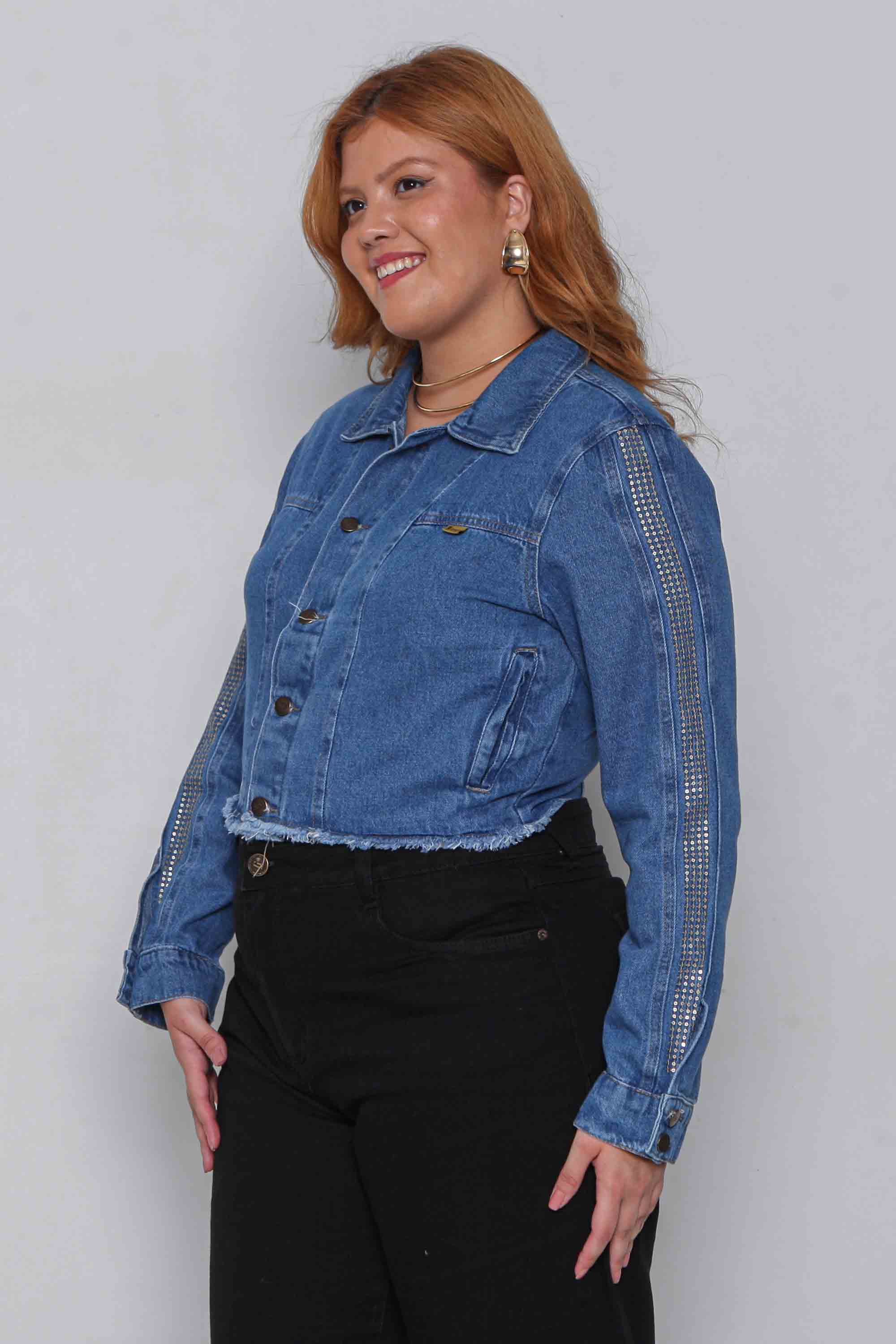 Jaqueta Feminina Jeans Cropped com Detalhe Manga