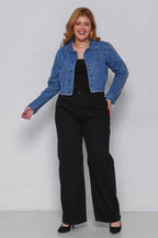 Jaqueta Feminina Jeans Cropped com Detalhe Manga