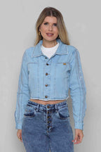 Jaqueta Feminina Jeans Cropped com Detalhe Manga