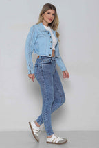 Jaqueta Feminina Jeans Cropped com Detalhe Manga