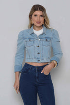 Jaqueta Feminina Jeans Cropped com Manga Princesa