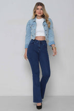 Jaqueta Feminina Jeans Cropped com Manga Princesa