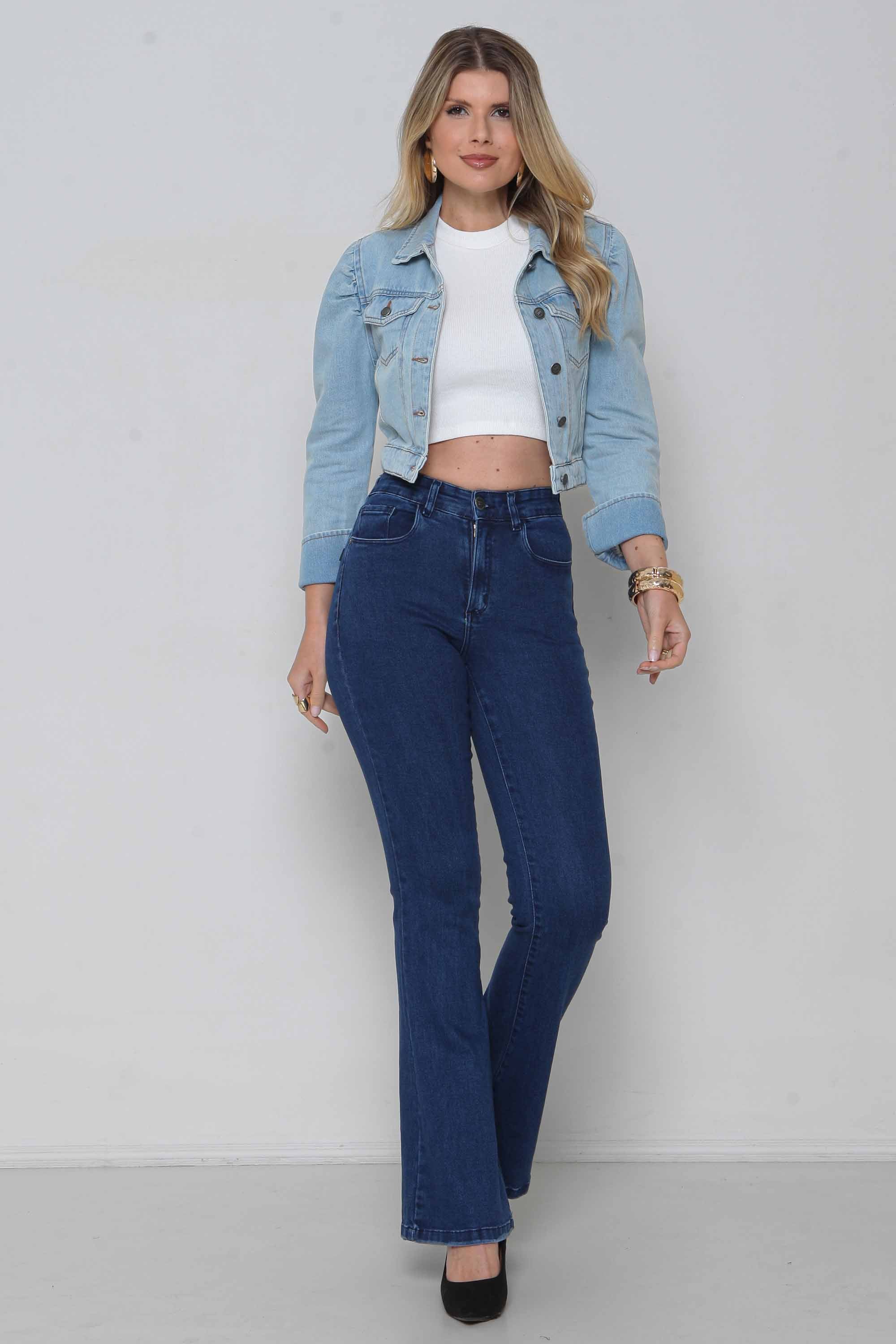 Jaqueta Feminina Jeans Cropped com Manga Princesa