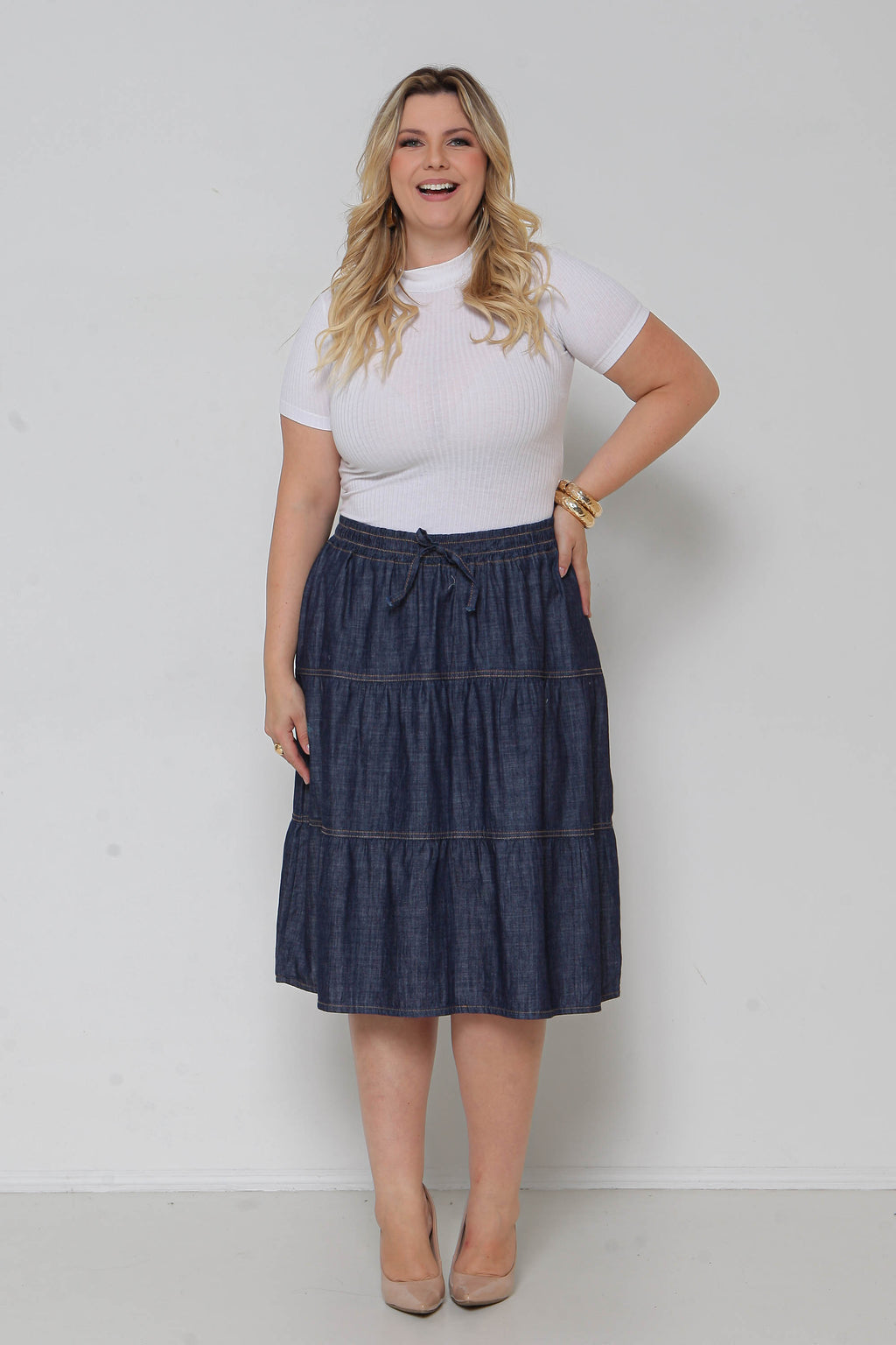 Saia Jeans 3 Marias Midi c/ Elástico Cintura