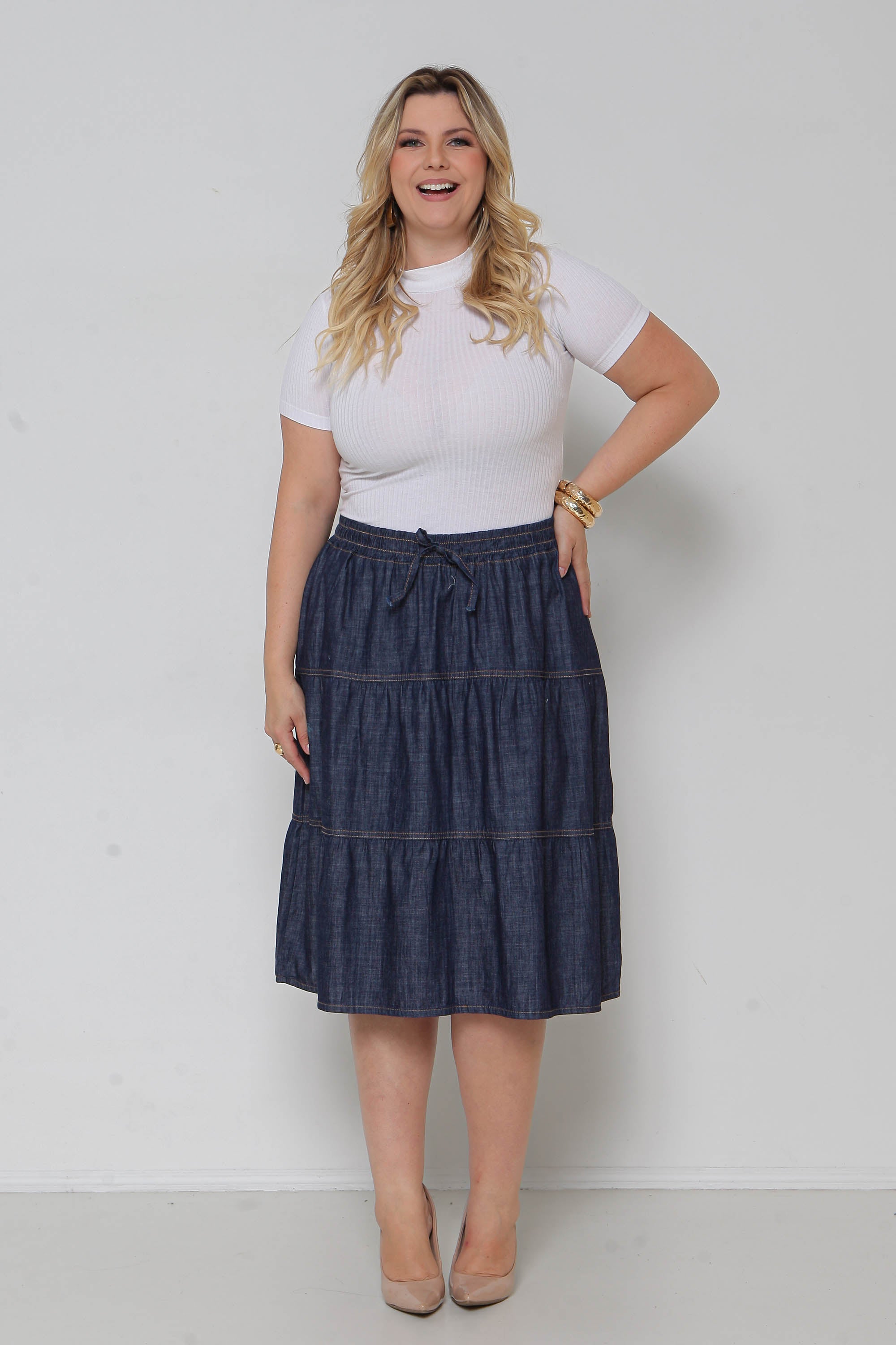 Saia Jeans 3 Marias Midi c/ Elástico Cintura