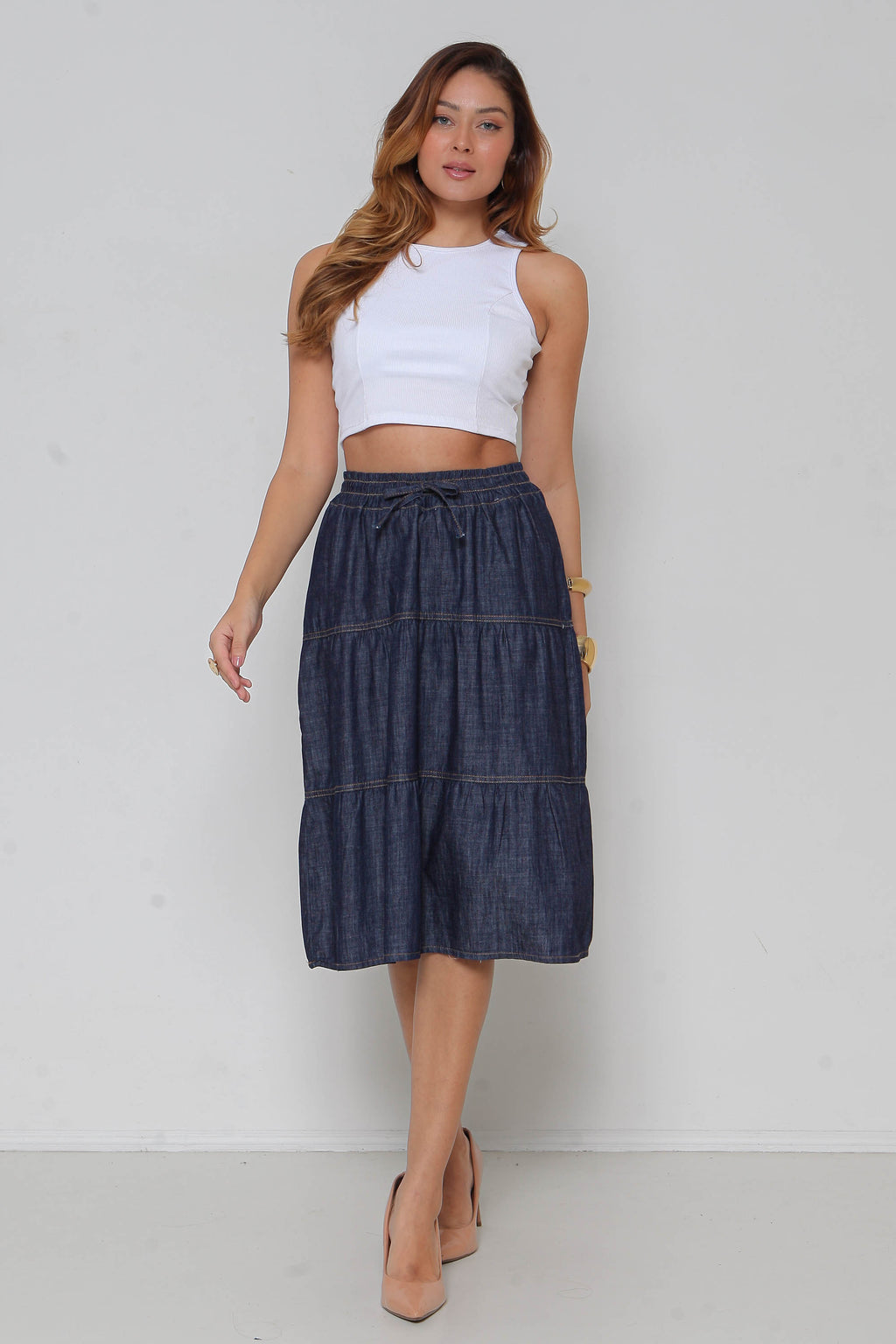 Saia Jeans 3 Marias Midi c/ Elástico Cintura
