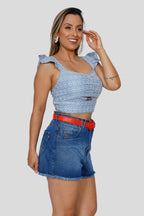 Short Feminino Cintura Alta Jeans Mom Casual Soltinho Barra Desfiada