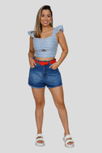 Short Feminino Cintura Alta Jeans Mom Casual Soltinho Barra Desfiada