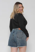 Short Feminino Jeans Mom Marmorizado Barra Desfiada s/ Lycra