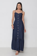 Vestido Longo Jeans com Abertura Frontal, Alças e Elástico nas Costas