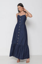 Vestido Longo Jeans com Abertura Frontal, Alças e Elástico nas Costas