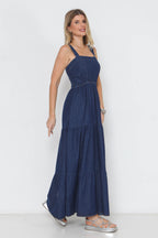 Vestido Jeans Longo com Alças e Elástico Cintura