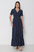 Vestido Longo Jeans com Elástico Cintura e Manga Curta