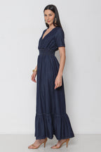 Vestido Longo Jeans com Elástico Cintura e Manga Curta