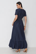 Vestido Longo Jeans com Elástico Cintura e Manga Curta