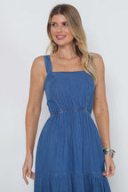 Vestido Jeans Longo com Alças e Elástico Cintura