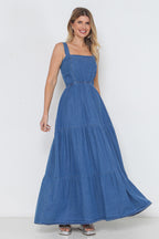 Vestido Jeans Longo com Alças e Elástico Cintura