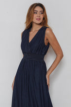 Vestido Longo Jeans com Elástico Cintura sem Manga