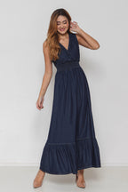 Vestido Longo Jeans com Elástico Cintura sem Manga