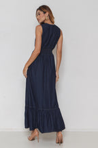 Vestido Longo Jeans com Elástico Cintura sem Manga