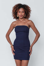 Vestido Jeans Tubinho Tomara que Caia Roxo