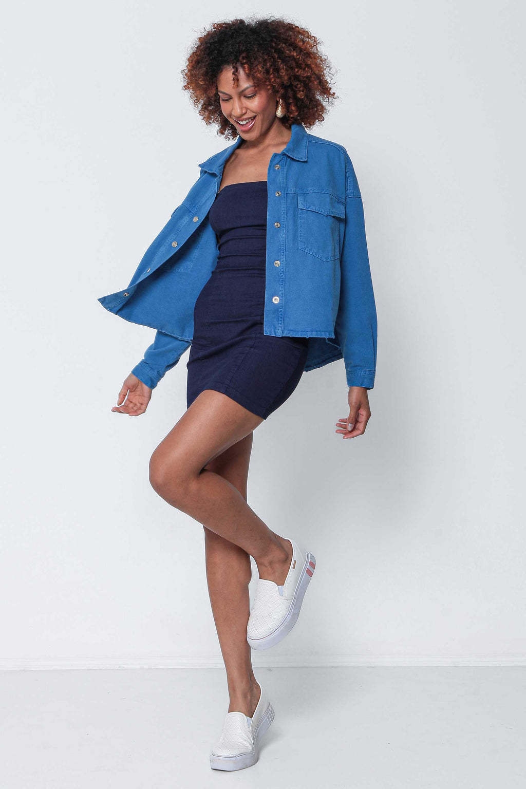 Vestido Jeans Tubinho Tomara que Caia Roxo