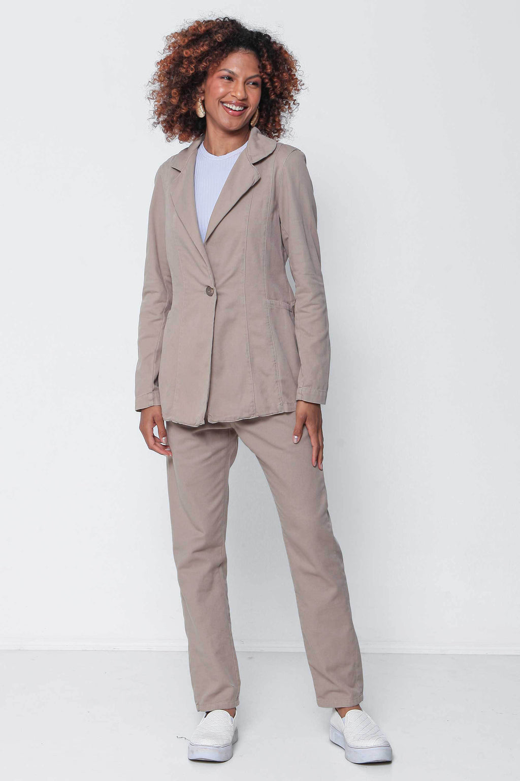 Blazer Feminino Sarja Cáqui Botão Único