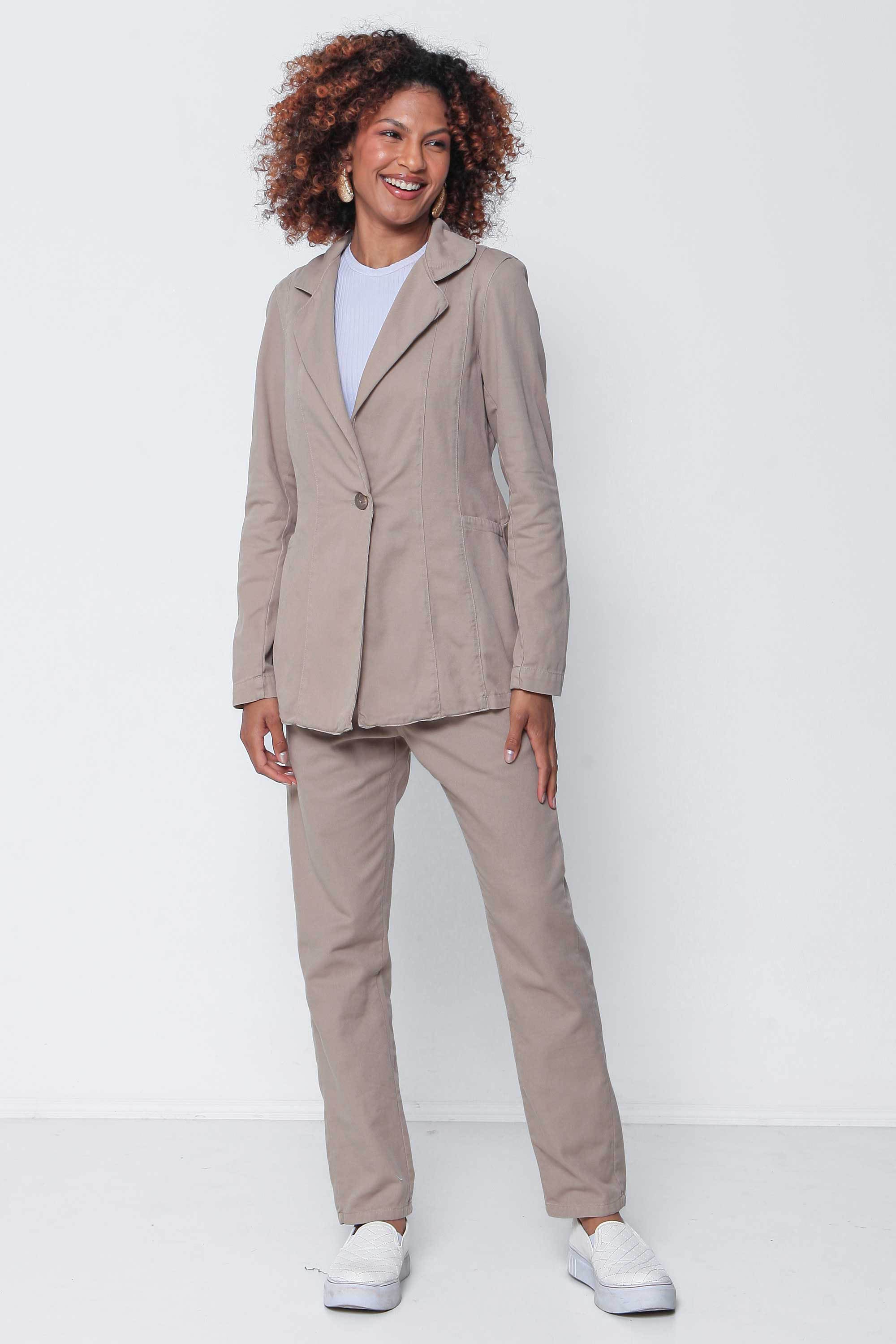 Blazer Feminino Sarja Cáqui Botão Único