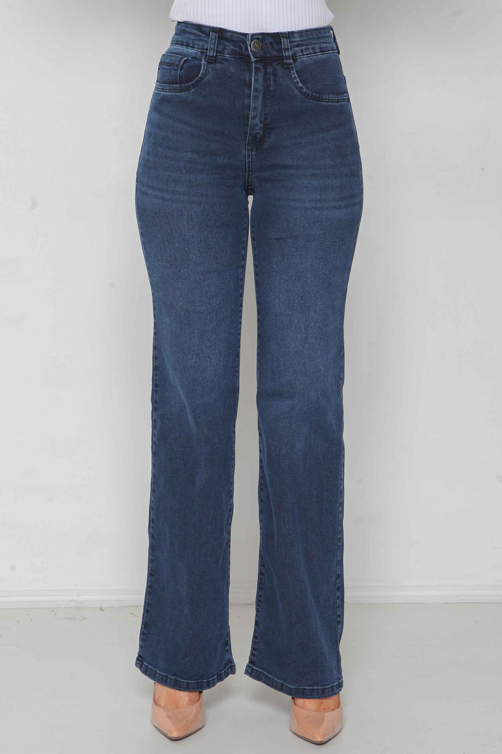 Calça Feminina Jeans Wide Leg Escura Padrão ao Plus com Elastano