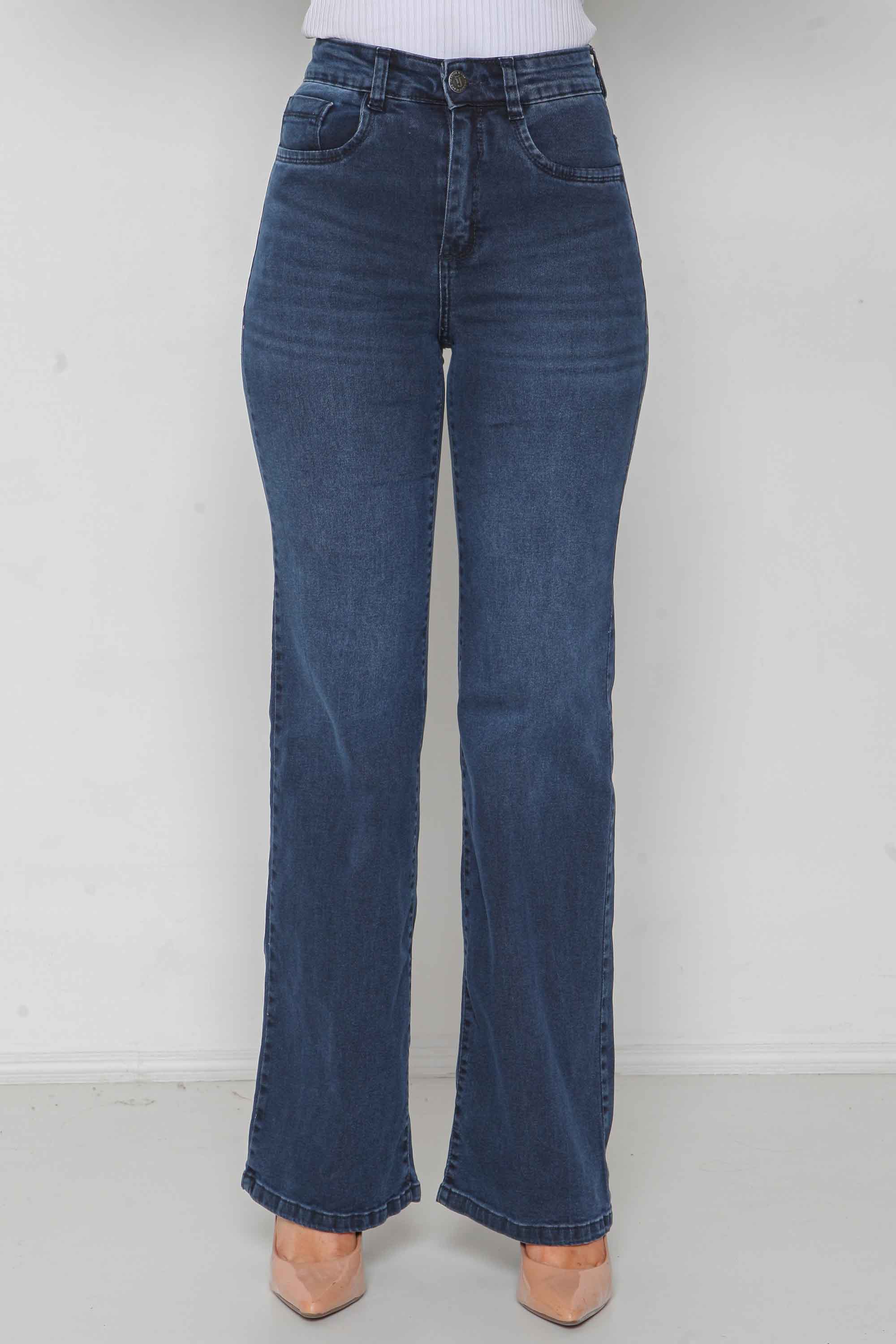 Calça Feminina Jeans Wide Leg Escura Padrão ao Plus com Elastano