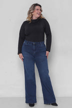 Calça Feminina Jeans Wide Leg Escura Padrão ao Plus com Elastano