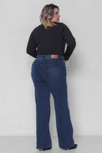 Calça Feminina Jeans Wide Leg Escura Padrão ao Plus com Elastano