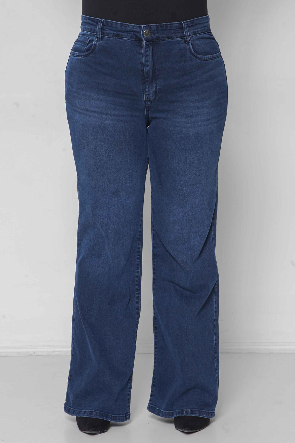 Calça Feminina Jeans Wide Leg Escura Padrão ao Plus com Elastano