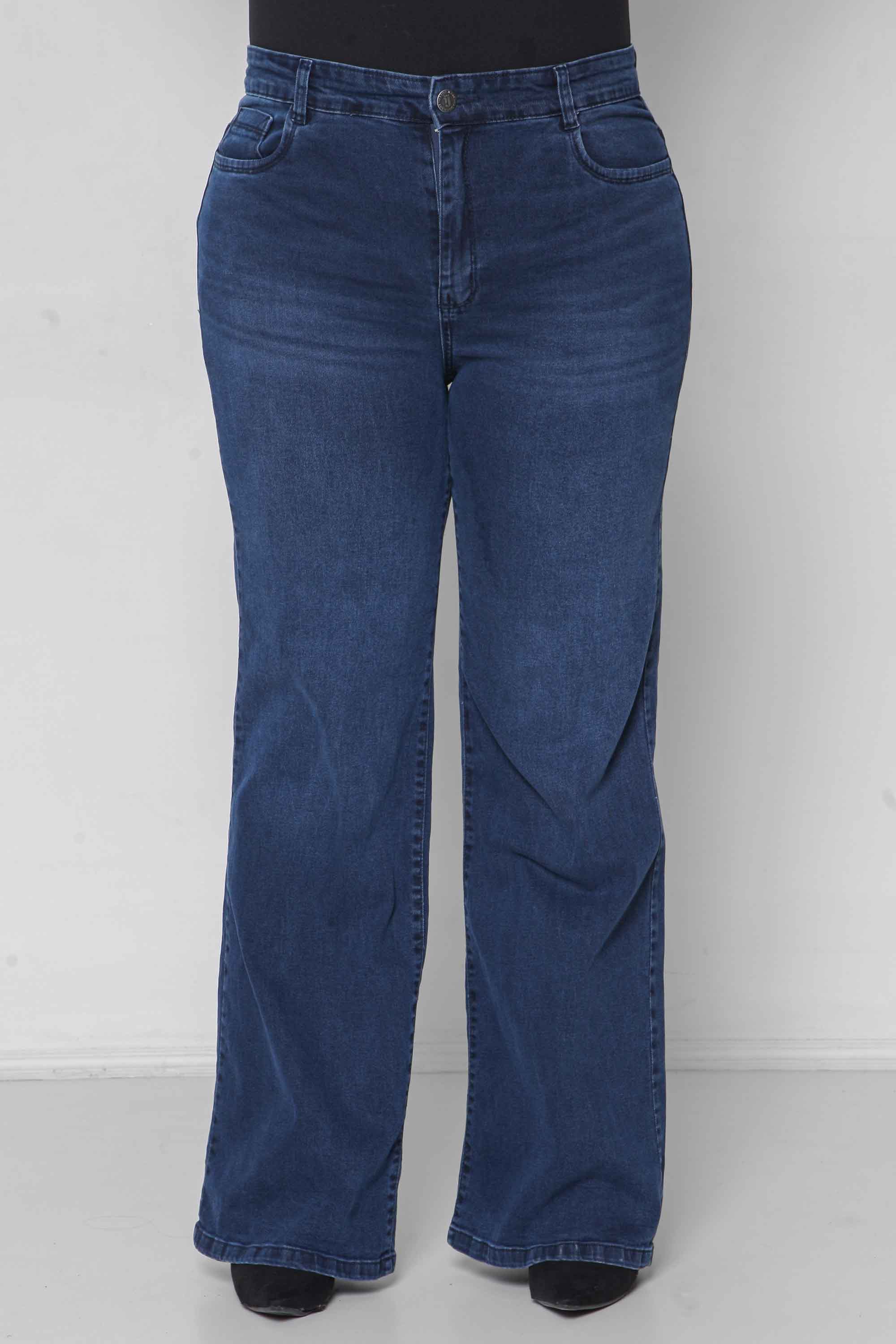 Calça Feminina Jeans Wide Leg Escura Padrão ao Plus com Elastano