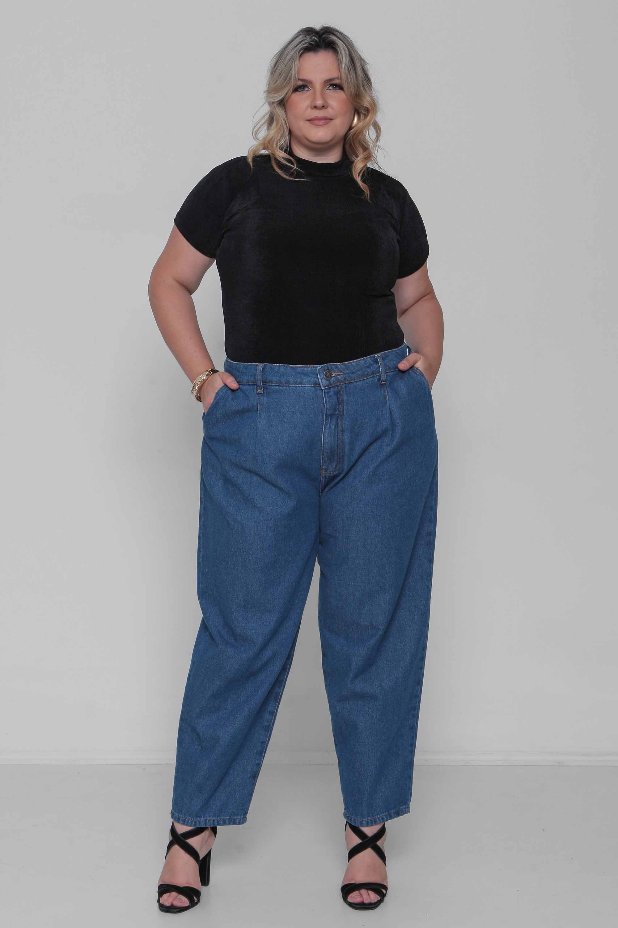 Calça Feminina Jeans Baggy com Pence Padrão a Plus sem Elastano