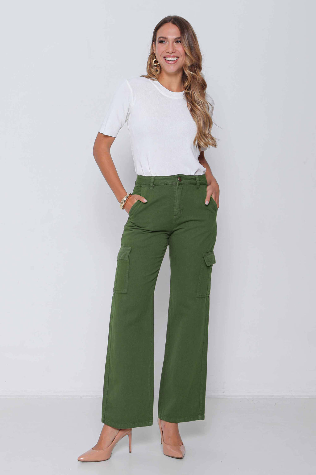 Calça Sarja Feminina Wide Leg Cargo Colorida