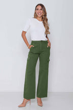 Calça Sarja Feminina Wide Leg Cargo Colorida