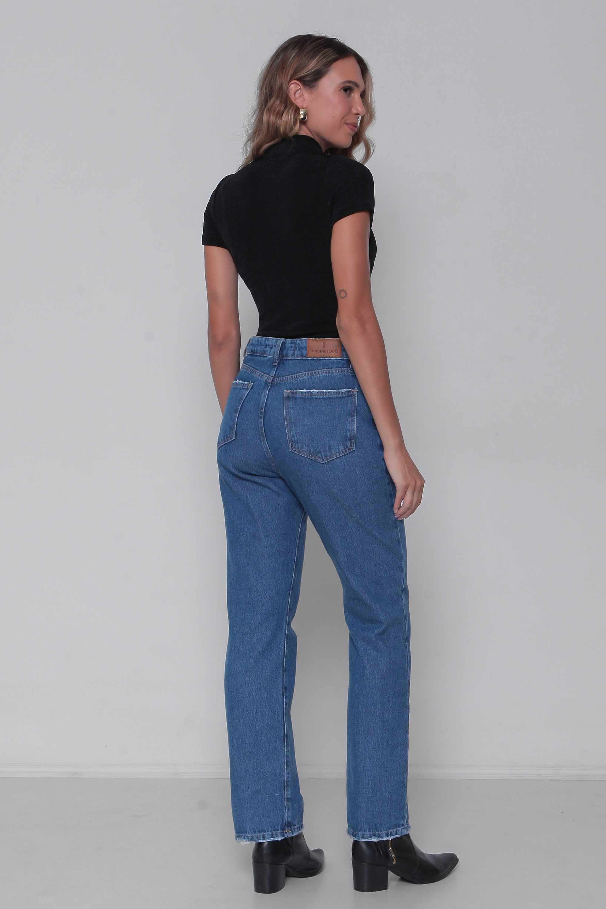 Calça Feminina Jeans Reta Lavagem Escura sem Elastano